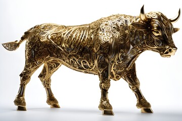 A golden bull sculpture with a floral pattern on it in high quality, Golden bull against white background, Golden pull isolated on white background