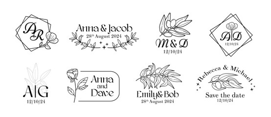 Wedding logo, flower monogram, leaves wreath for boho rustic style invitation, event name card, fancy boutique. Simple logotype templates. Botanical isolated line elements. Vector design frame
