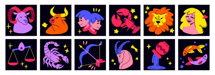 Zodiac sign characters. Cute celestial horoscope, logo of taurus, scorpio, doodle calendar cards. Contemporary style drawing. Abstract astrological symbols. Vector cartoon flat collection