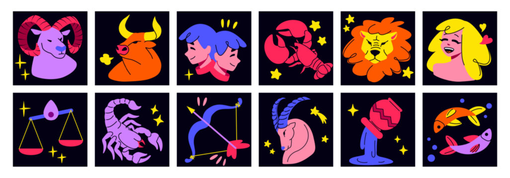 Zodiac sign characters. Cute celestial horoscope, logo of taurus, scorpio, doodle calendar cards. Contemporary style drawing. Abstract astrological symbols. Vector cartoon flat collection