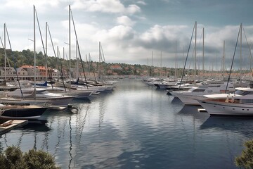 Fototapeta premium Scenic Harbour View with Luxury Yachts Moored, Generative AI