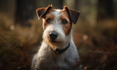 close up photo of fox terrier on blurry forest background. Generative AI
