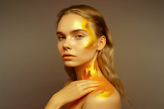 A woman with a gold paint on her shoulder. Generative Ai