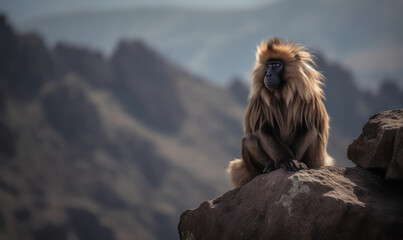 Gelada poised on a rocky outcrop surrounded by vast expanse of rugged African savannah. portrait captures essence of this animal surrounded by beauty & harshness of African wilderness. Generative AI