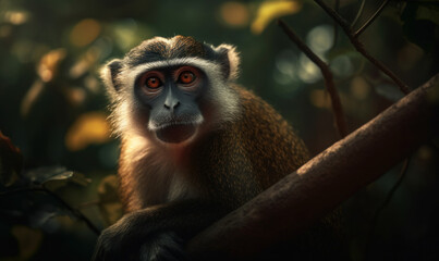 Photo of guenon primate, perched on a lush tree branch in a dense African rainforest, its striking fur illuminated by the warm sunlight filtering through the foliage. Generative AI