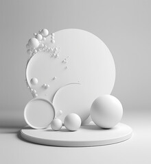 A white circle frame with a podium circle and a bunch of balls on it. Generative AI