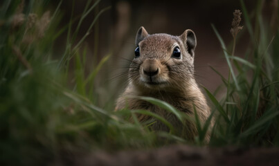 Naklejka na ściany i meble Photo of ground squirrel, peering out from the entrance of its burrow in a grassy meadow. Generative AI