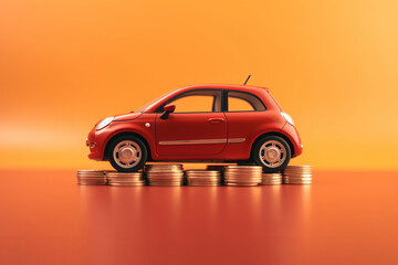Model toy car with coin money. Concept of car insurance buying and selling vehicles. Generative ai