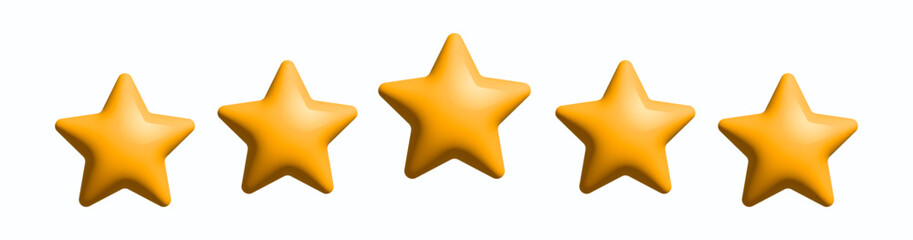 Five stars rating 3d realistic icon. Yellow stars with soft glare. Customer feedback, success, quality concept. Vector illustration isolated on white background
