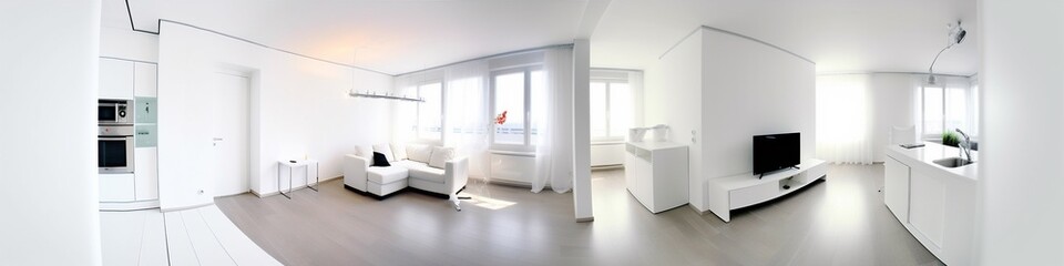 Fototapeta na wymiar interior loft d white wall step lcd design kitchen flat table carpet. Generative AI.