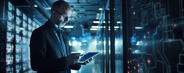 Digital technology, internet network connection, big data, digital marketing IoT internet of things. Man using modern computer surfing internet futuristic innovative technology background