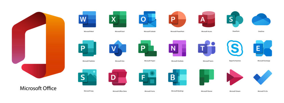Microsoft Office icons. Application logos. Big set. Vector. Word, excel, outlook, powerpoint, etc. VINNITSA, UKRAINE - APRIL 28, 2022