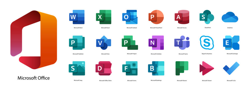 Microsoft Office Icons. Application Logos. Big Set. Vector. Word, Excel, Outlook, Powerpoint, Etc. VINNITSA, UKRAINE - APRIL 28, 2022