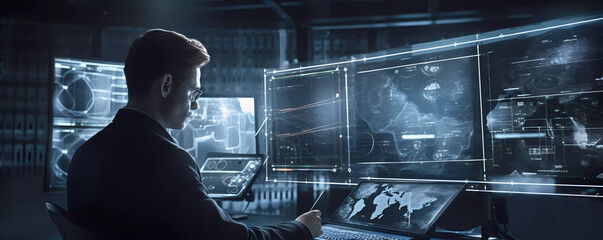 Digital technology, internet network connection, big data, digital marketing IoT internet of things. Man using modern computer surfing internet futuristic innovative technology background