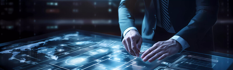 Digital technology, internet network connection, big data, digital marketing IoT internet of things. Man using modern computer surfing internet futuristic innovative technology background