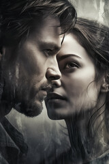 man and a woman in love embrace. Cover for book of romantic novel with a multi-exposure. Generative AI © alexkoral