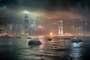 Electrifying Atmosphere of Victoria Harbour, Hong Kong's Iconic Skyline, Generative AI