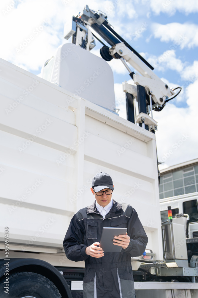 Poster manager with a digital tablet next to garbage truck.