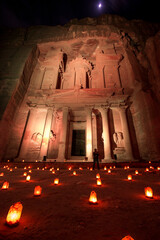 Al-Khazneh, the Treasury lit by candles at night in Petra, Jordan,