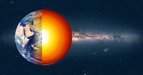 The structure of the earth's crust. Earth cross section in space view. 