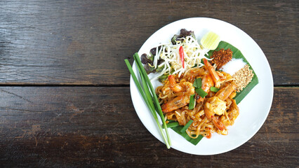 Pad Thai (Thai Fried Noodles) with shrimp and vegetables. 