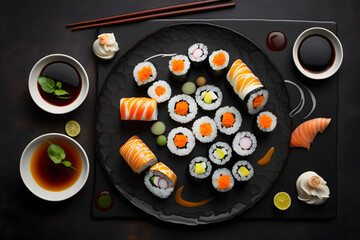Sushi roll set, Japanese food on serve in restaurant