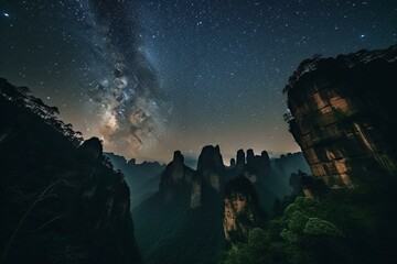 Spectacular starry sky over the Zhangjiajie mountains. Generative AI
