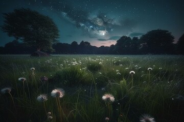 Dandelion meadow under starry skies. Generative AI