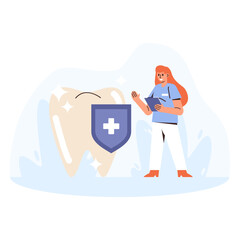 Cartoon characters of young woman working as dentist