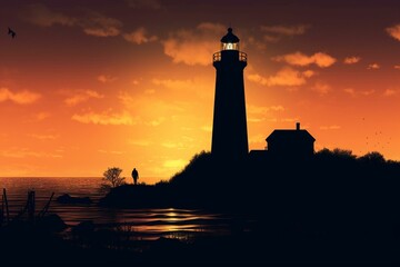 Illustration of a lighthouse in silhouette. Generative AI