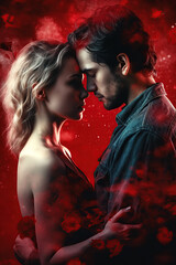 Beautiful red cover of a romantic novel with couple in love hugging. Generative AI illustration