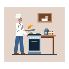 Cartoon character of male chef frying pancakes using pan