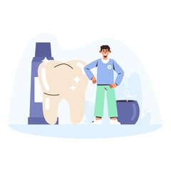 Cartoon character of young man working as dentist in modern clinic