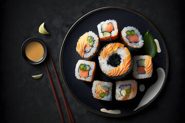 Sushi roll set, Japanese food on dark background