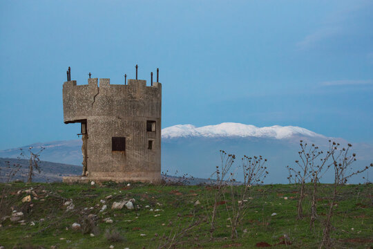 Abandoned British pillbox over the Kadesh Valley on the border between the British Mandate and the French Mandate, with mount Hermon in the background