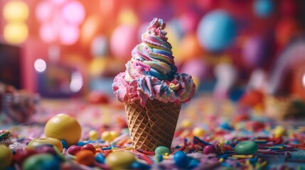Fototapeta na wymiar Colourful ice cream in a cone with lots of sweets, Generative AI