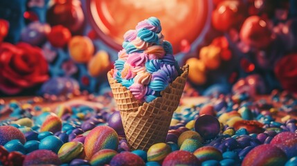 Fototapeta na wymiar Colourful ice cream in a cone with lots of sweets, Generative AI
