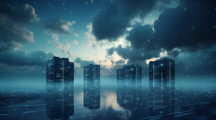Fototapeta premium Cloud servers, in cyberspace, offer data storage, AI tech, and secure connections; enabling global communication, futuristic infrastructure, and seamless information transfer within the digital realm.