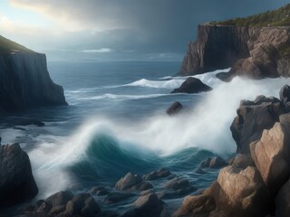 Naklejka premium A sizable body of water with a cliff in the distance, waves slamming against the rocks. 