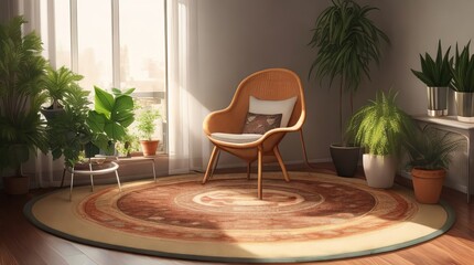 Fototapeta premium A Room with a Chair, Potted Plants, and a Center Rug, Perfect for Relaxation and Comfort. 