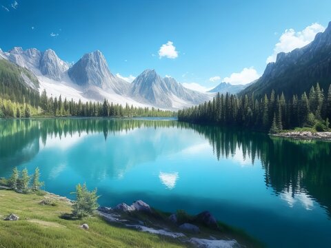 A mountain range with snow-capped peaks is visible in the distance above the lake, which is bordered by woods and mountains under a brilliant blue sky. Generative AI. © Happy Hues