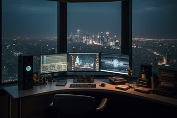 A desk with a computer showing stock charts and a city skyline visible in the background. Generative AI