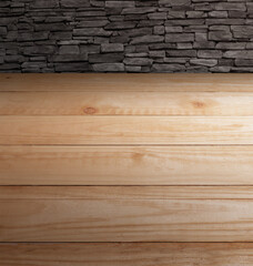 wood table with stone brick background