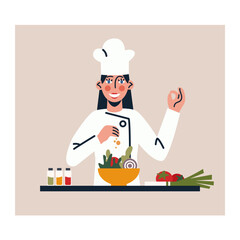 Cartoon character of smiling young woman in apron working as chef