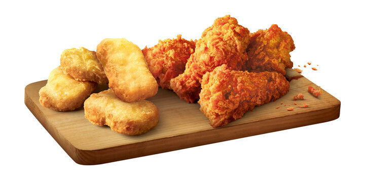 Fried Nucket and Fried wing chicken on wood butcher isolated white background	

