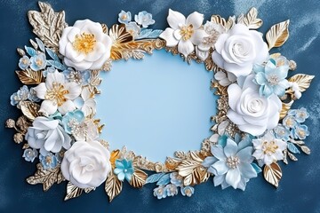 A gold round frame decorated with multicoloured flowers, blank space for text.
