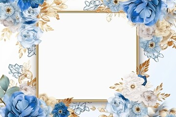 A gold square frame decorated with multicoloured flowers, blank space for text. Flat lay, top view. Floral frame, frame of flowers. Floral background. Wedding invitation, greeting 