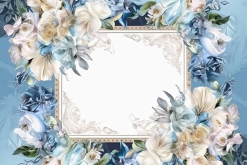Obraz na płótnie Canvas A Blue and White Porcelain square frame decorated with multicoloured flowers, blank space for text. Flat lay, top view. Floral frame, frame of flowers. Floral background. Wedding invitation, greeting 