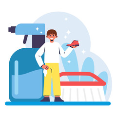 Cartoon character of young man with clean shoe working in dry cleaning services