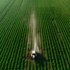 Aerial view of crop sprayer spraying pesticide on a soybean field at sunset, Drone shot flying over agricultural soybean field, tractor created with Generative AI technology.